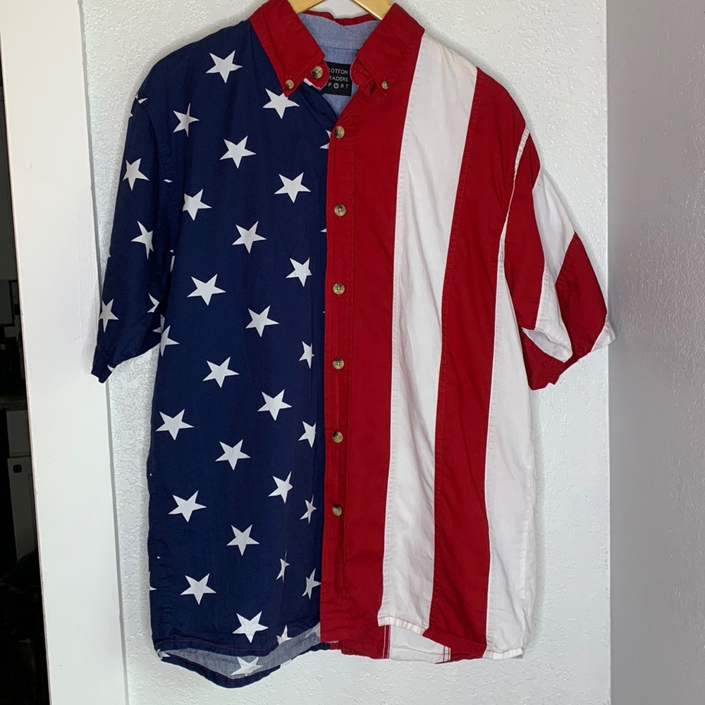 Cotton Traders Sport American Flag Button up Shirt Med Patriotic USA Americana